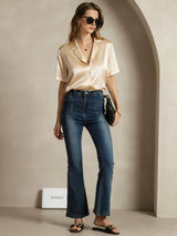 [Champagne] SilkSilky-UK Short Sleeve Lapel Collar Women's Shirt 007