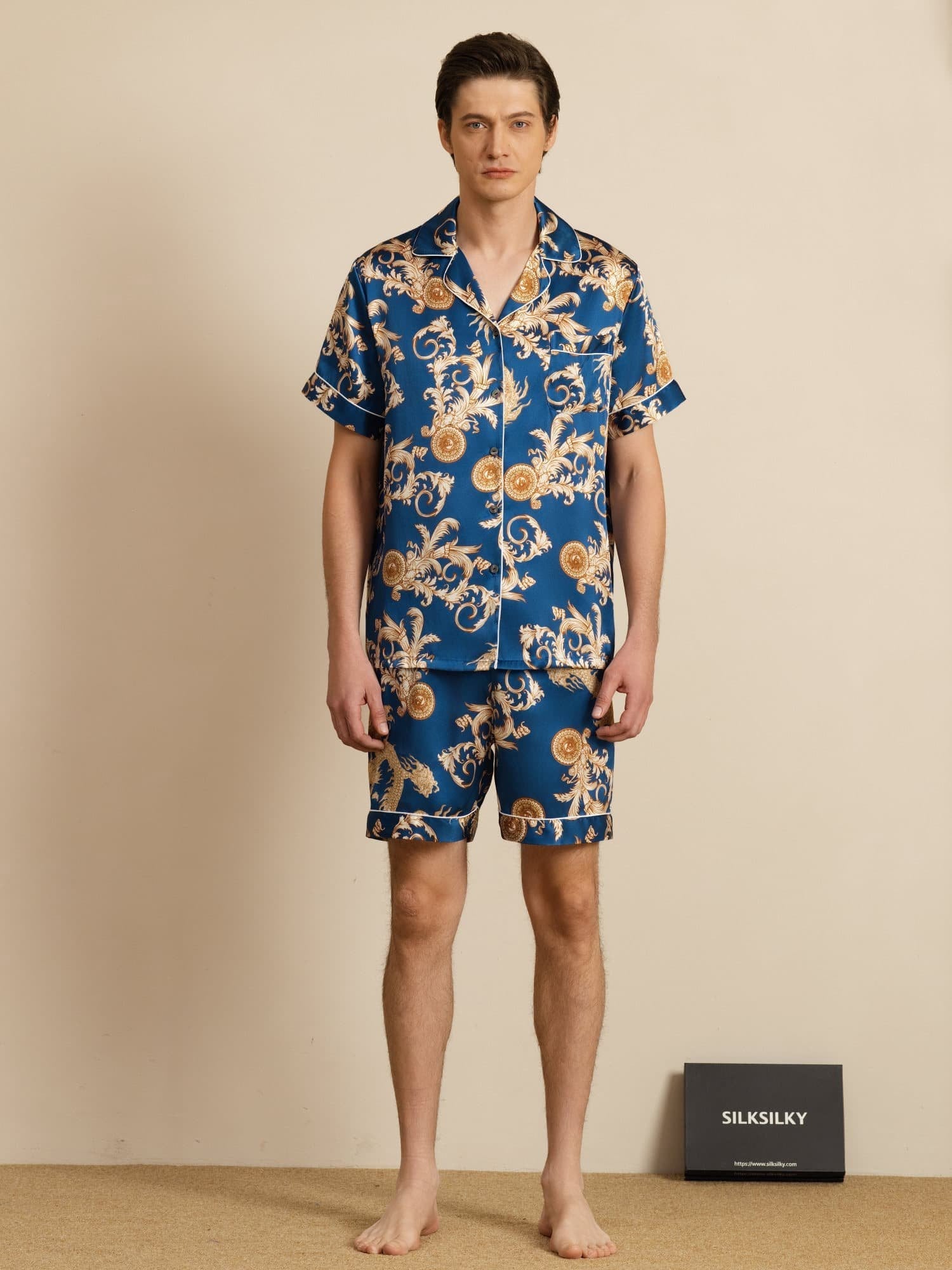 [Navy Dragon] SilkSilky-UK Short Sleeve Notch Collar Men's Pyjamas 003