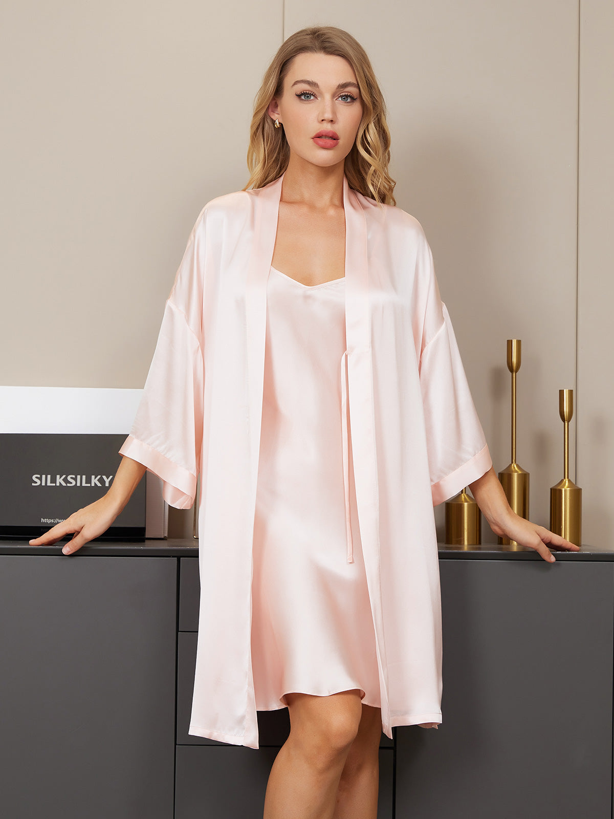 [Light Pink] SilkSilky-UK Pure Silk V Neck Nightdress&Dressing gowns 004