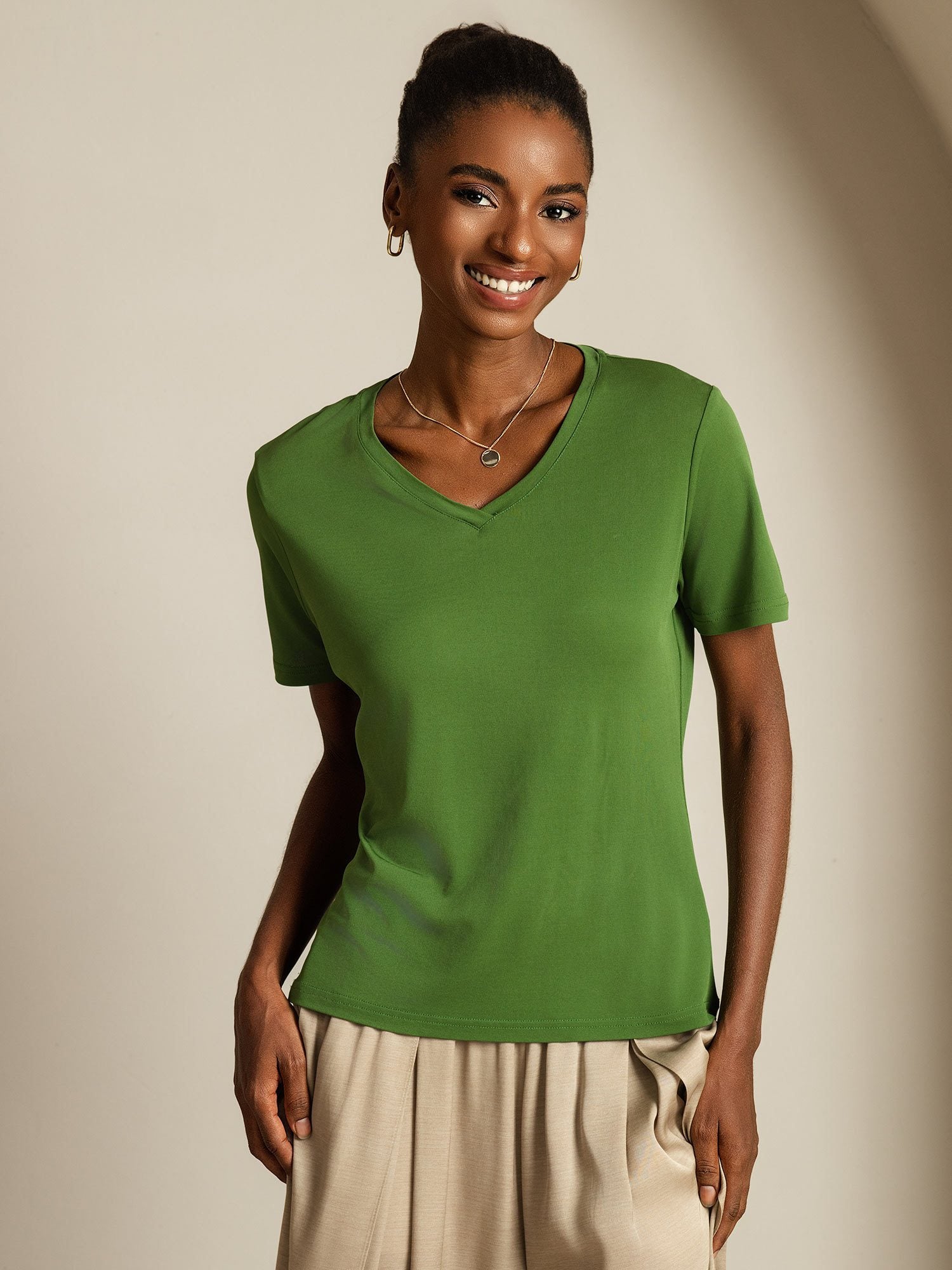 [Green] SilkSilky-UK Pure Silk V Neck Women's T-Shirt 003