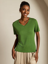 [Green] SilkSilky-UK Short Sleeve V Neck Women's T-Shirt 003
