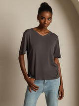 [Gray] SilkSilky-UK 100% High-Twist Silk Jersey Short Sleeve V Neck Women's T-Shirt 008