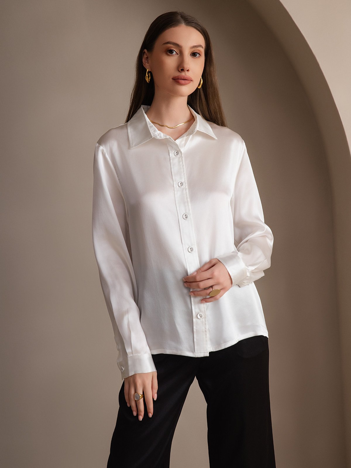 SilkSilky-UK 19Momme Silk Long Sleeve Collar Women's Shirt White 004