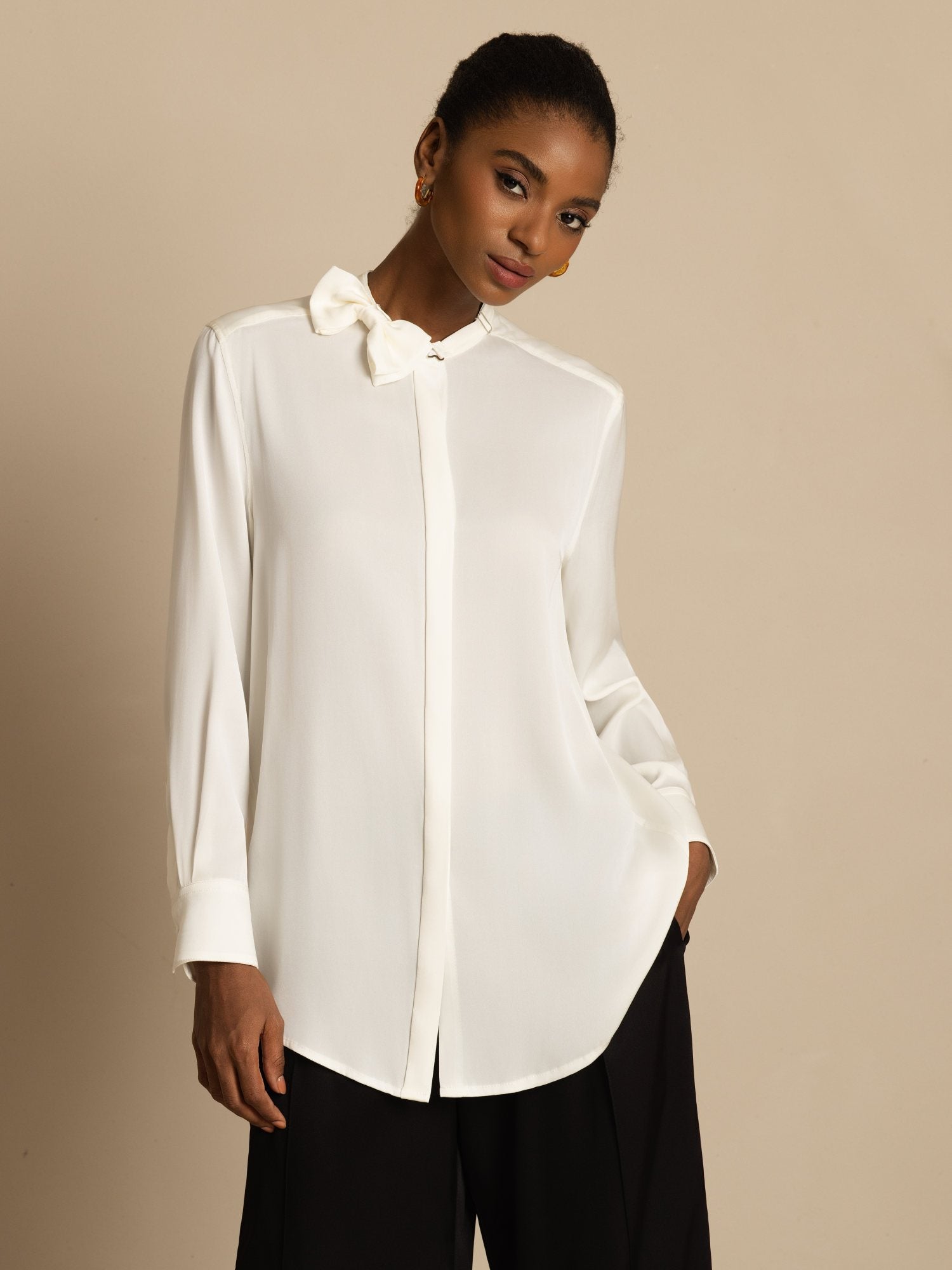 [White] SilkSilky-UK 19Momme Stretch Silk Double Georgette Long Sleeve Collar Blouse 001