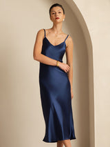 [Dark Blue] SilkSilky-UK Spaghetti Strap V Neck Dress 006