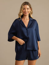 [Dark Blue] SilkSilky-UK 19Momme Machine-Washable Silk Half Sleeve Notch Collar Women's Pyjamas 004