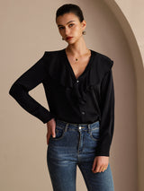 [Black] SilkSilky-UK Long Sleeve Deep V Neck Women's Blouse 004