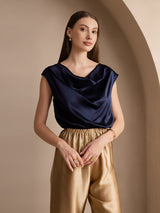 [Dark Blue] SilkSilky-UK Cap Sleeve Cowl Neck Women's T-Shirt 003