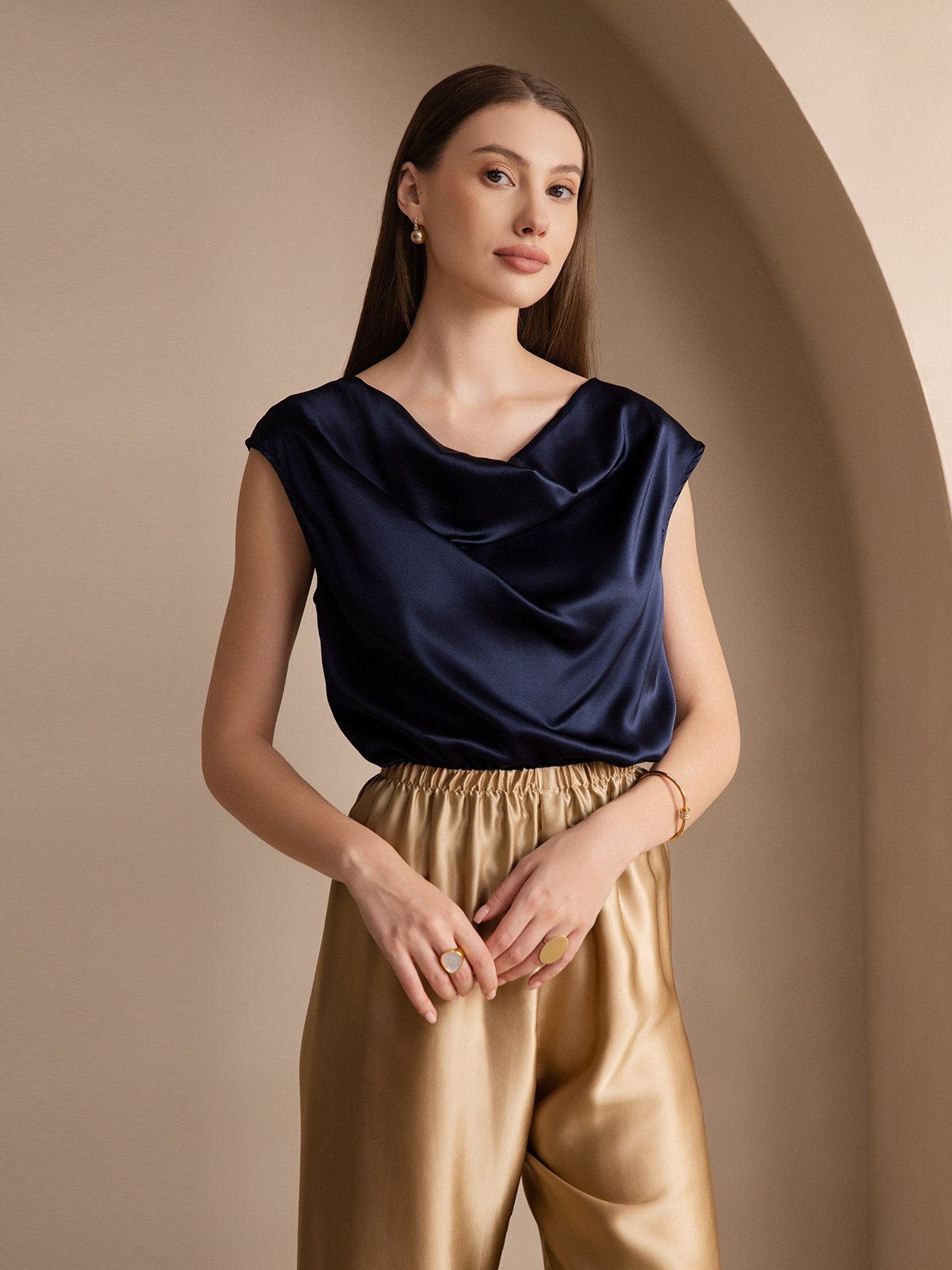 [Dark Blue] SilkSilky-UK 19Momme Silk Cap Sleeve Cowl Neck Women's T-Shirt 003