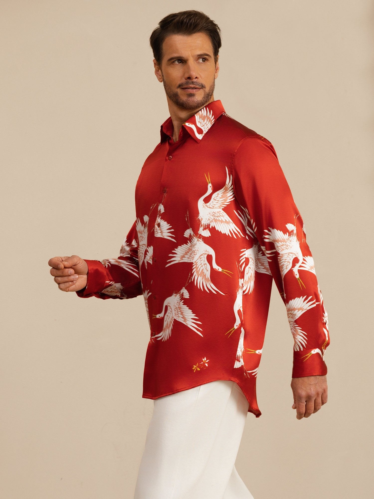 [Wine] SilkSilky-UK 19Momme Long Sleeve Lapel Collar Men's Shirt 004