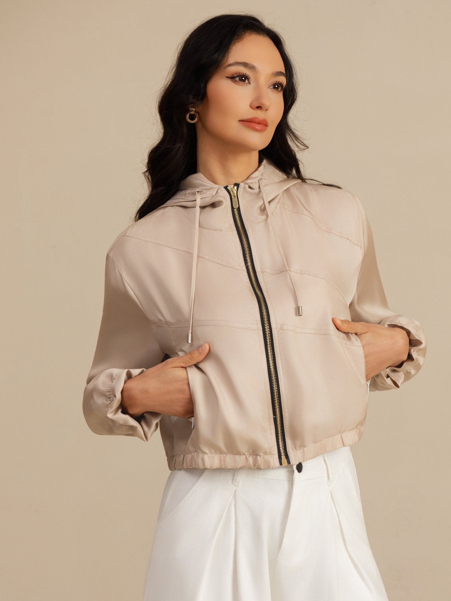 [Tan] SilkSilky-UK 18Momme Silk Satin Surah Long Sleeve High Neck Women's Outerwear 004