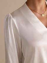 [White] SilkSilky-UK Long Sleeve Wrap Women's Blouse 004