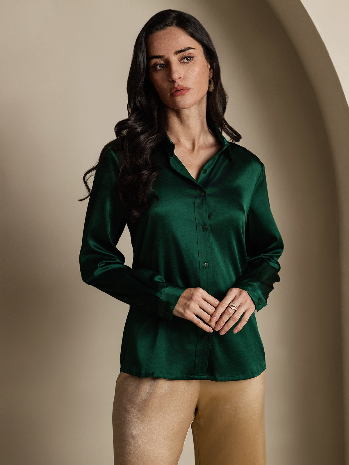 SilkSilky-UK 19Momme Silk Long Sleeve Collar Women's Shirt DarkGreen 003