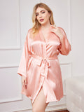 SilkSilky-UK Pure Silk Long Sleeve V Neck Plus Size Dressing Gown Pink 001