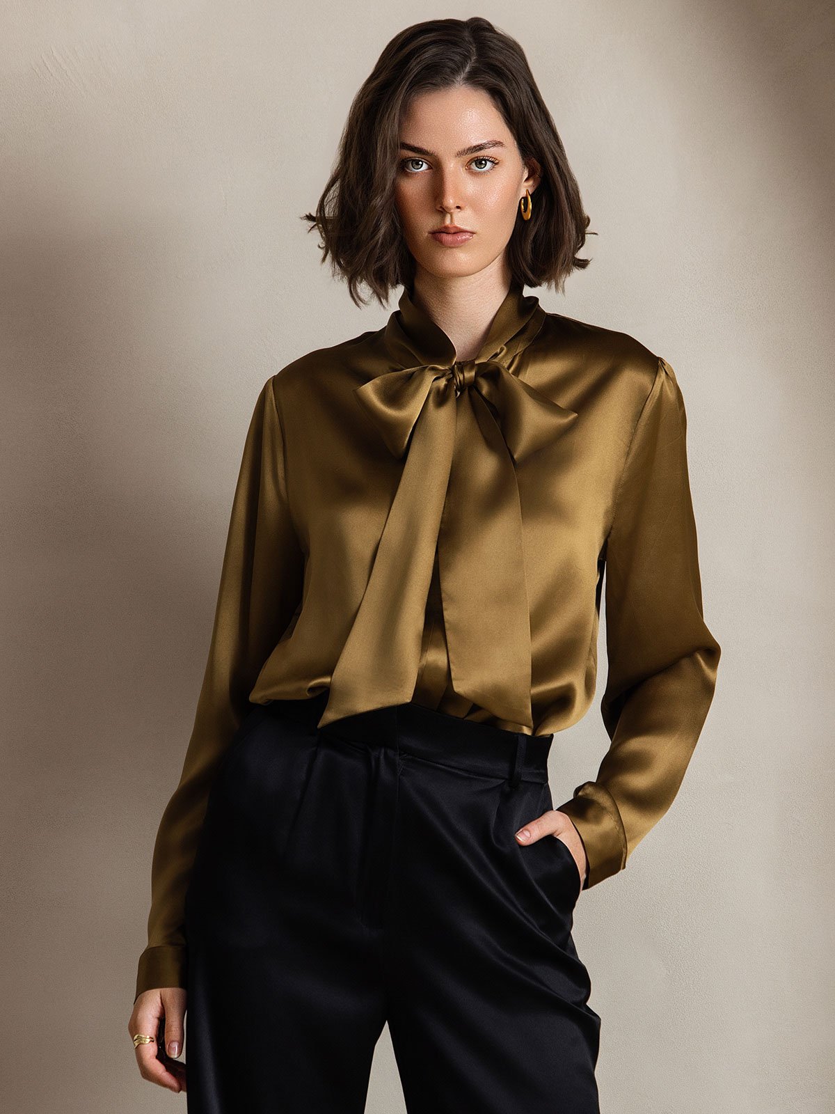 [Brown] SilkSilky-UK 19Momme Silk Long Sleeve Tie Neck Women's Shirt 003