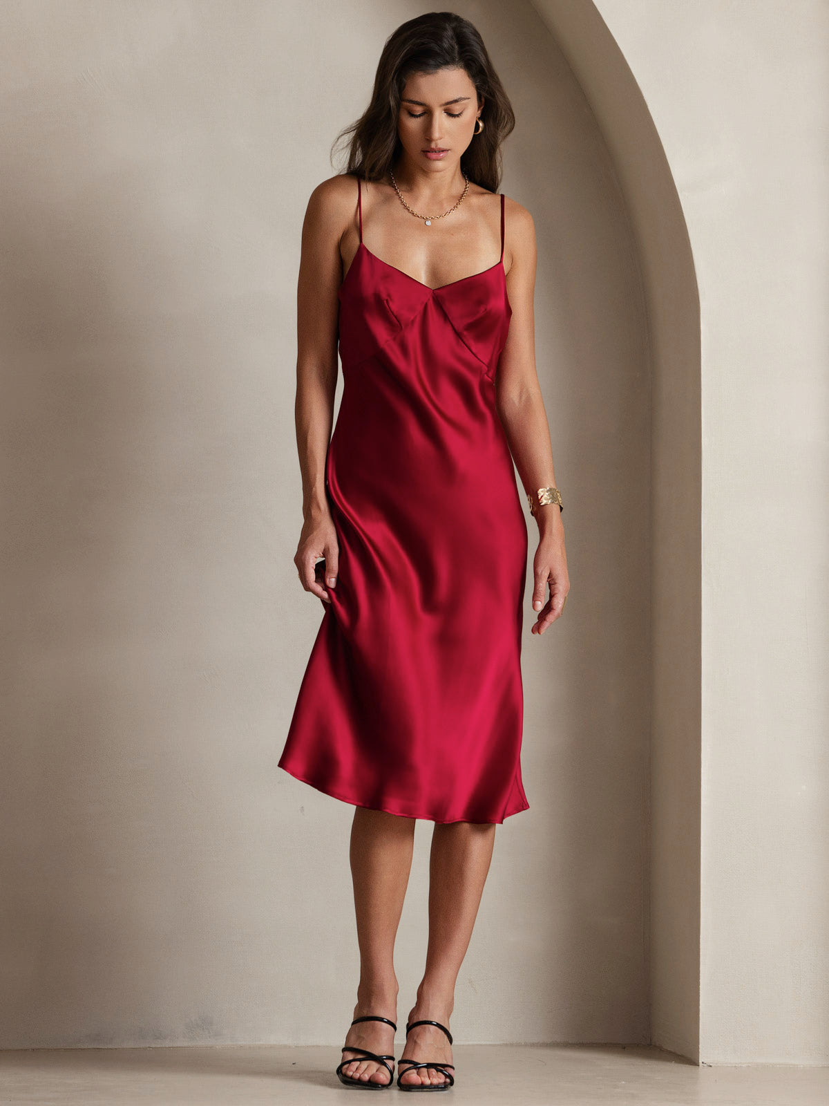 [Wine] SilkSilky-UK 19Momme Pure Silk V Neck Dress 005