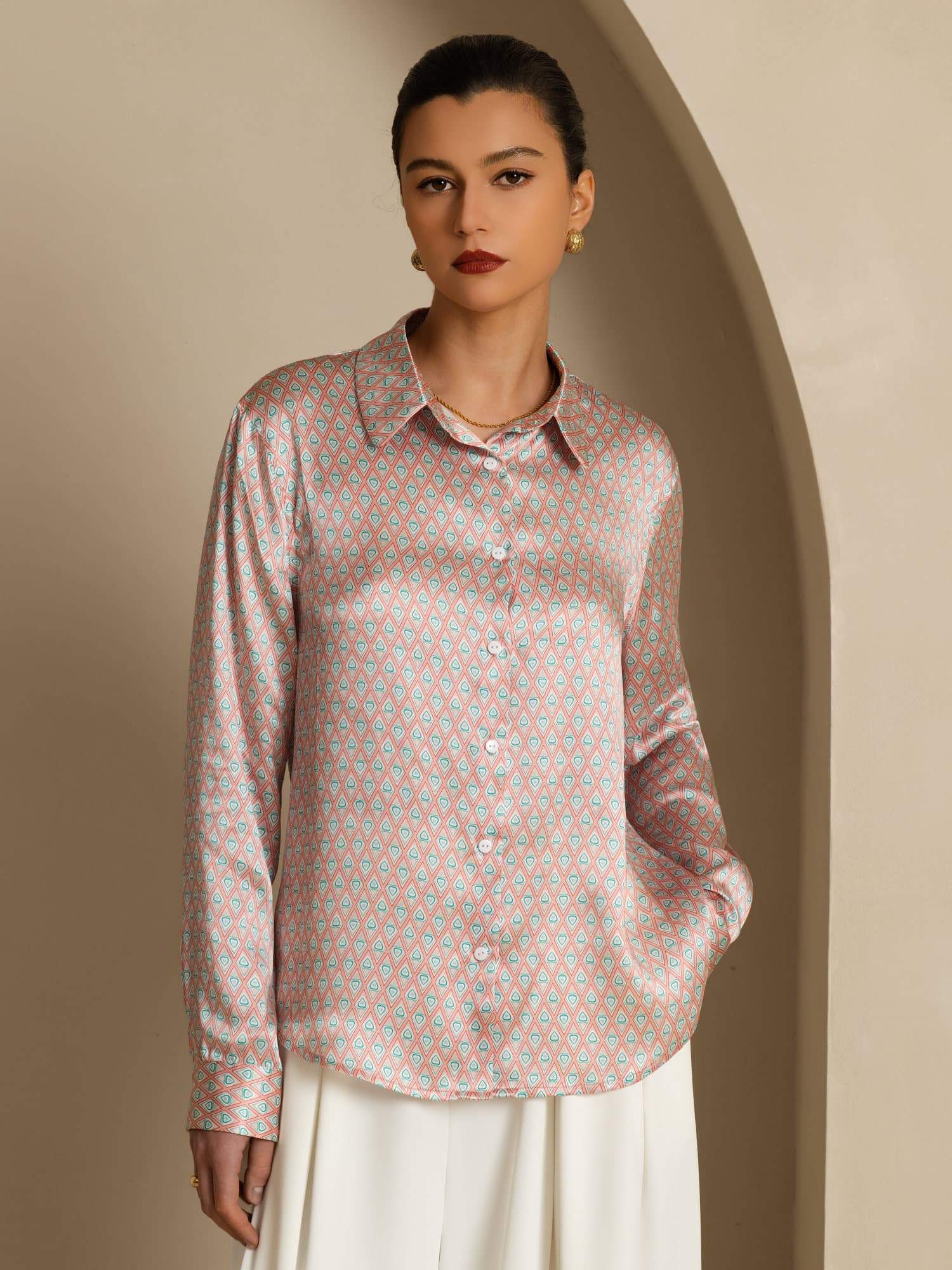 [Pink Heart Geo] SilkSilky-UK Long Sleeve Lapel Collar Women's Shirt 002