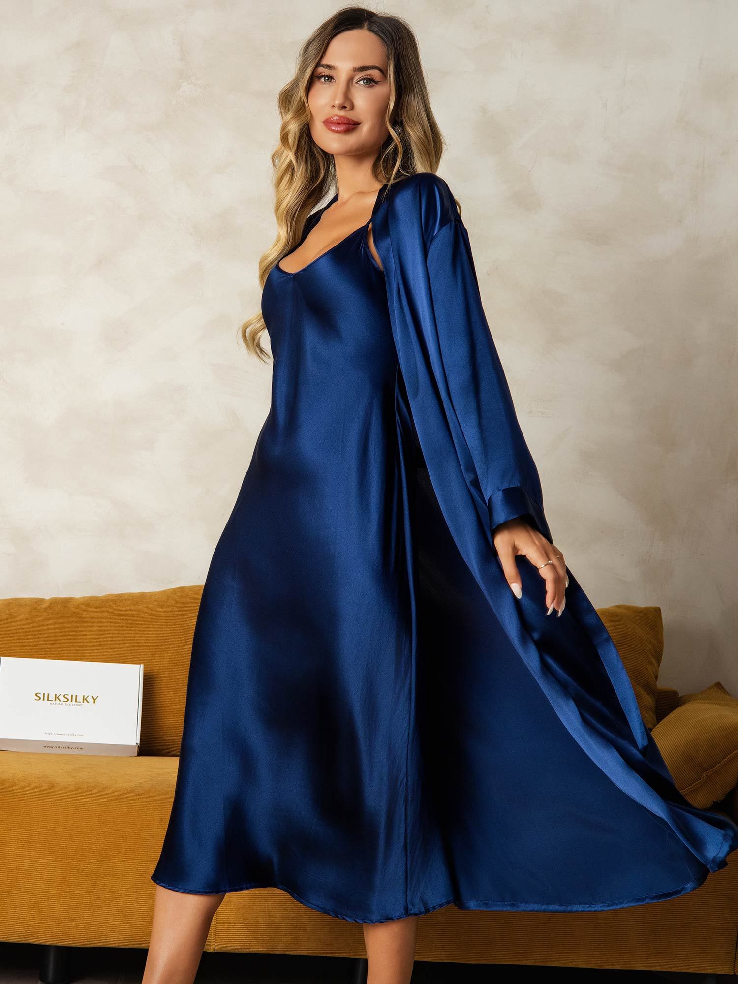 [Dark Blue] SilkSilky-UK Long Sleeve V Neck Nightdress&Dressing gowns 004