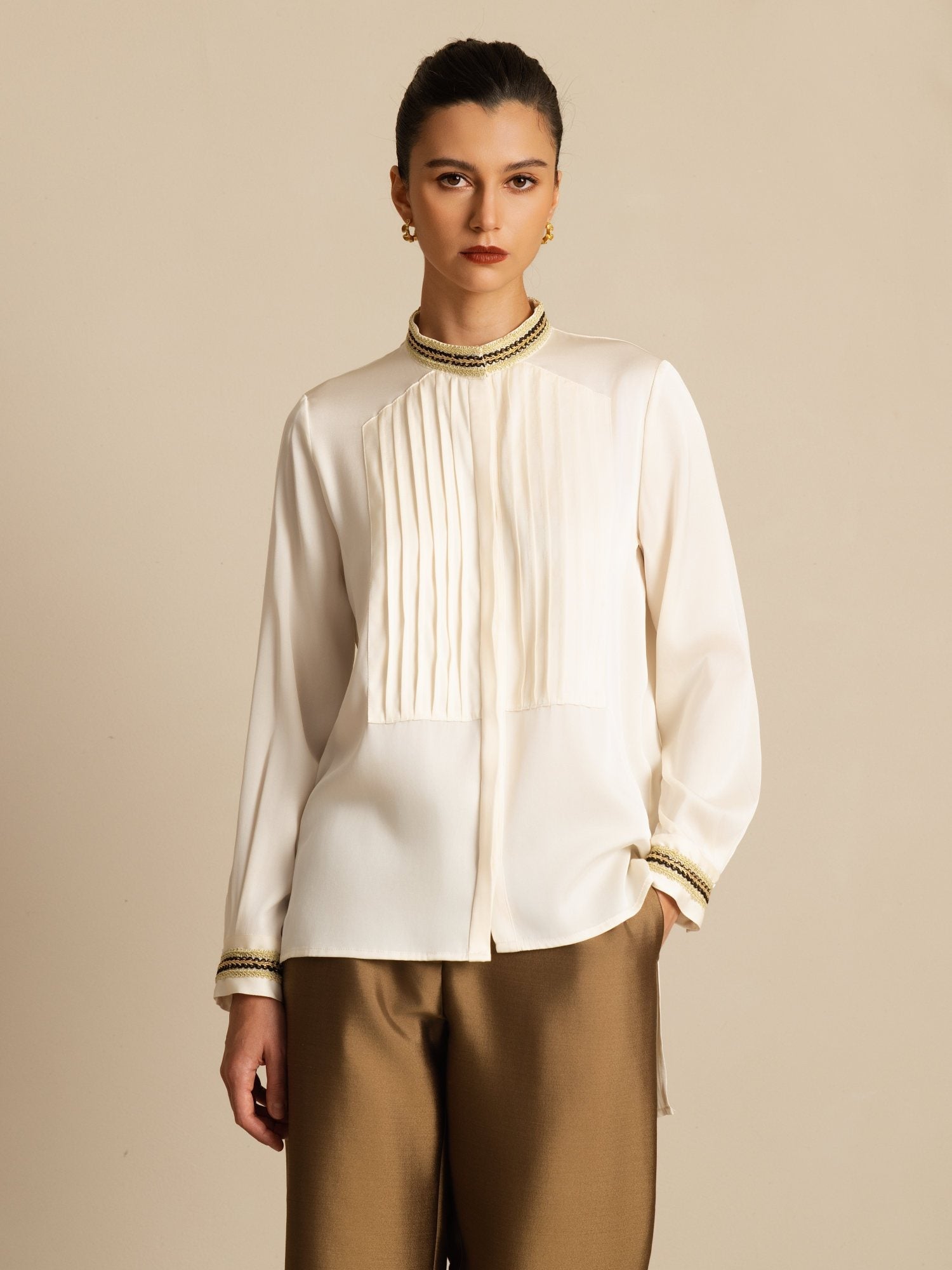 [Sea Pearl] SilkSilky-UK 19Momme Stretch Silk Double Georgette Long Sleeve Collar Blouse 001