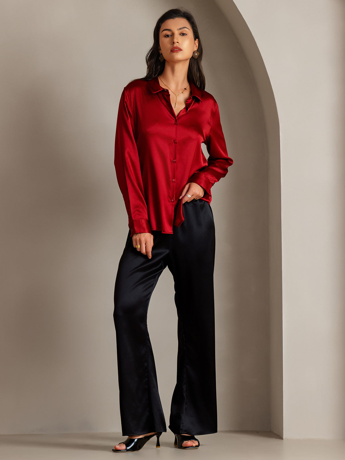 [Red] SilkSilky-UK Silk Collar Women's Shirt 004