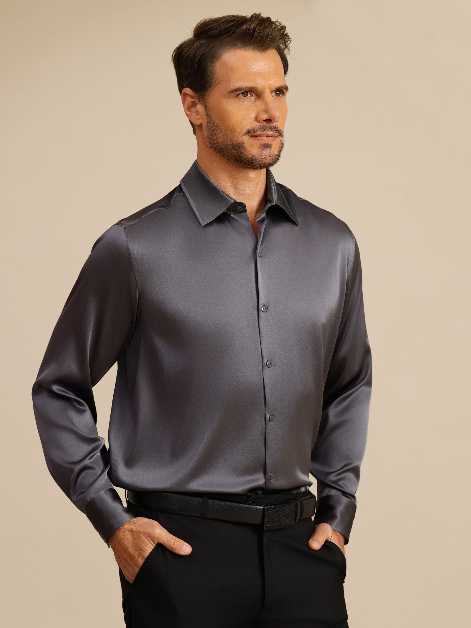 [Dark Gray] SilkSilky-UK 19Momme Stretch Silk Charmeuse Long Sleeve Lapel Collar Men's Shirt 001