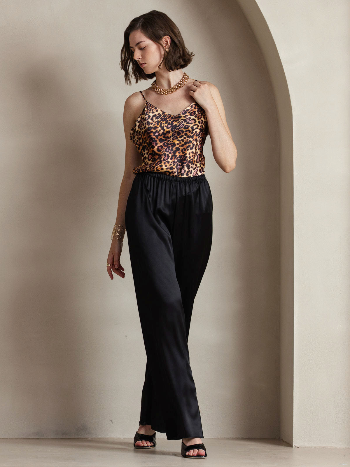 SilkSilky UK Pure Silk Sleeveless V Neck Camisole Leopard 006