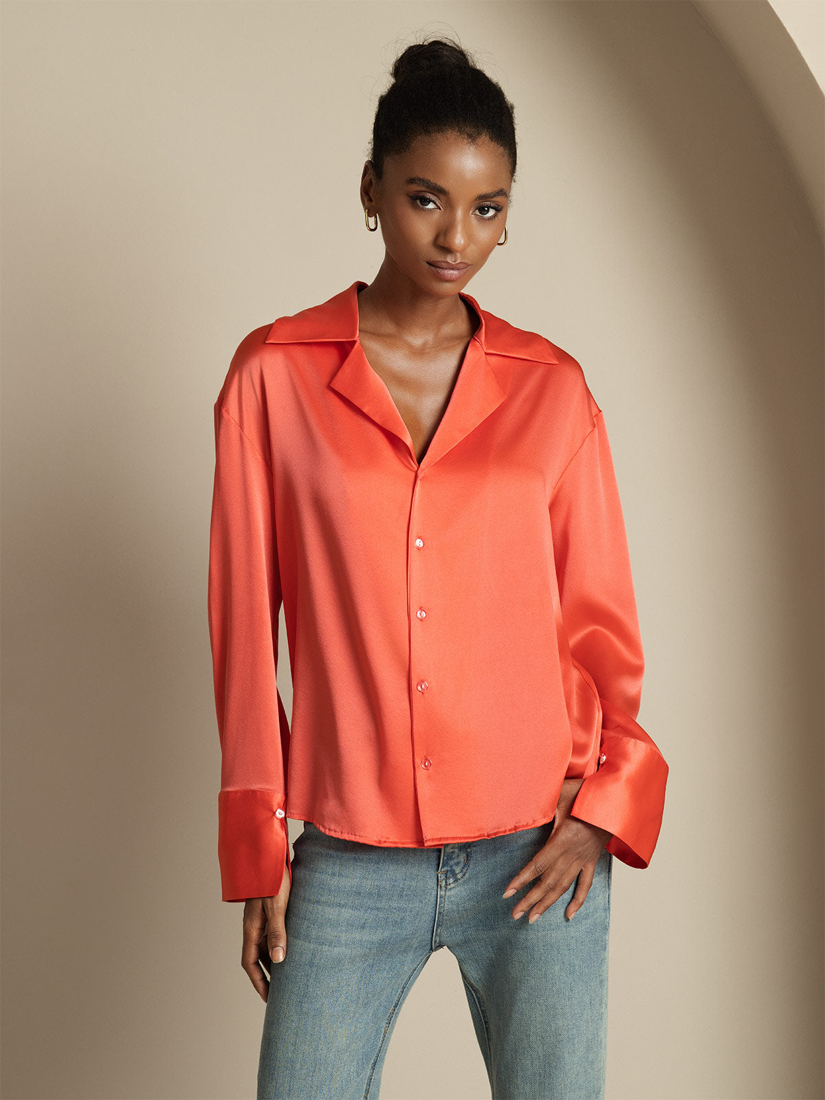[Imperial Red] SilkSilky-UK 19Momme Silk Notch Collar Women's Shirt 005
