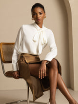 [White] SilkSilky-UK 19Momme Stretch Silk Charmeuse Long Sleeve Tie Neck Blouse 001