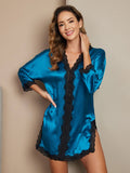 SilkSilky UK Pure Silk 3/4 Sleeve V Neck Nightdress Teal 004