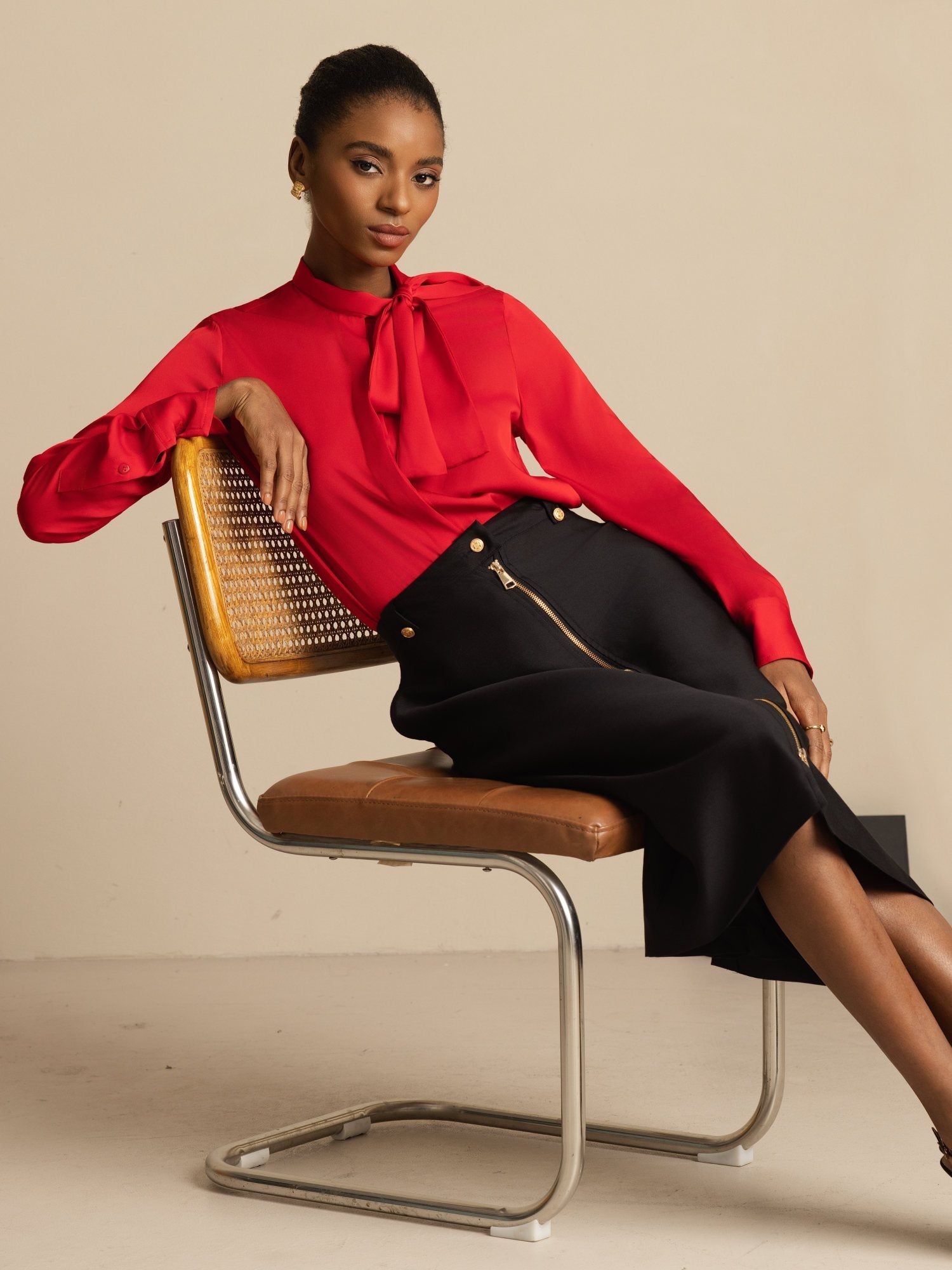 [Wine] SilkSilky-UK 19Momme Silk Long Sleeve Tie Neck Blouse 007