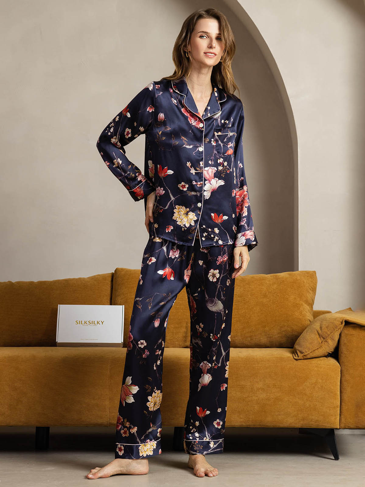 [Navy Floral] SilkSilky-UK Pure Silk Womens Pajamas 004