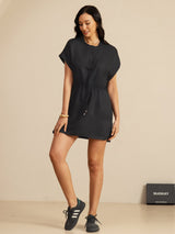 [Black] SilkSilky-UK 18Momme Silk Satin Surah Cap Sleeve Henley Neck Dress 006