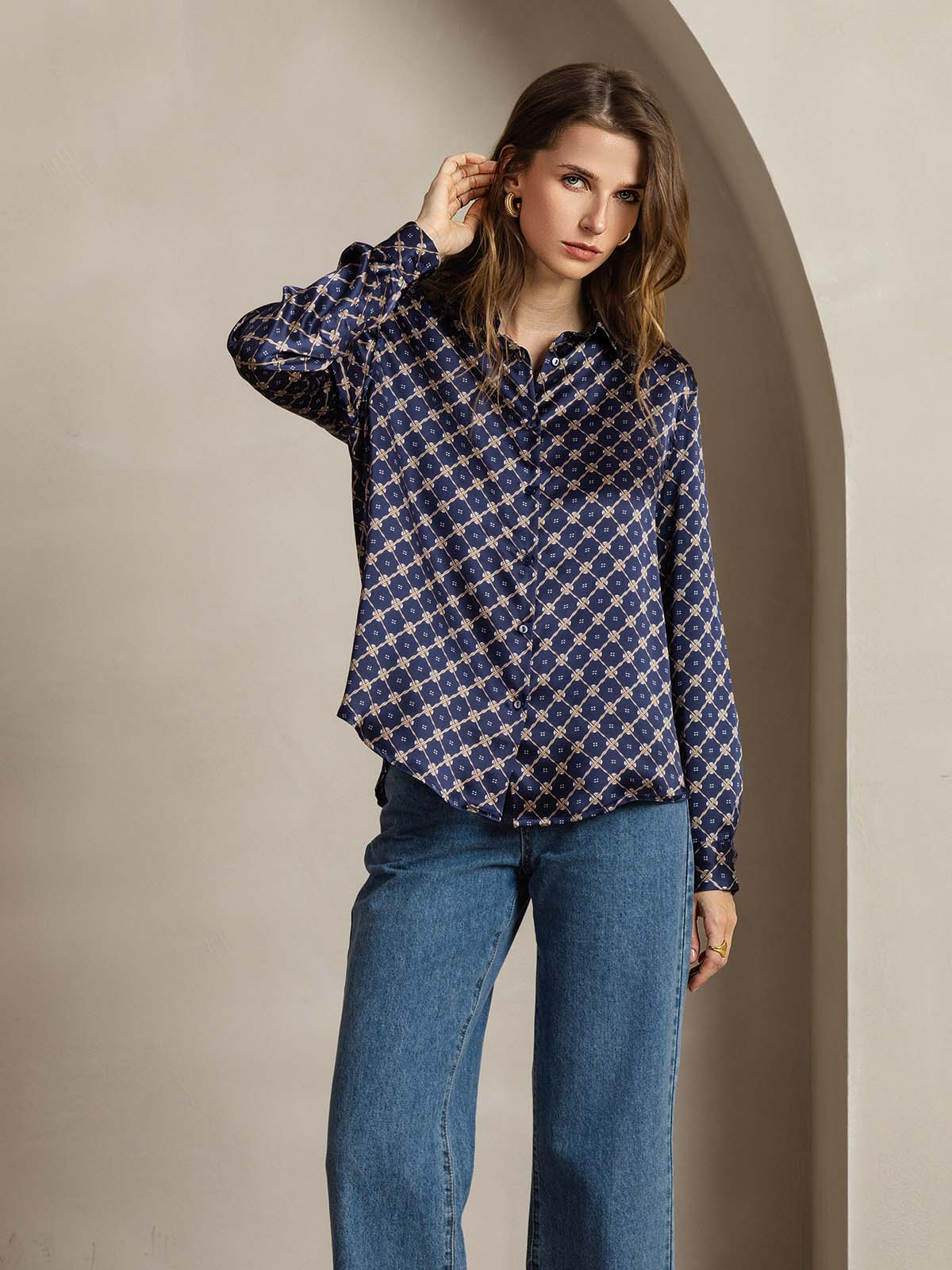 [Navy Chain] SilkSilky-UK Silk Long Sleeve Collar Women's Shirt 007