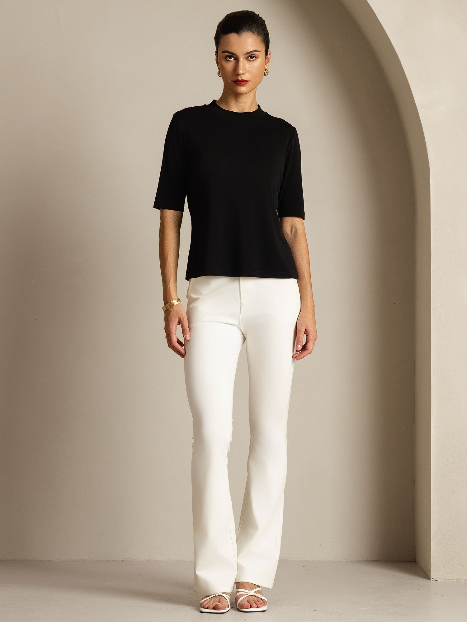 [Black] SilkSilky-UK Pure Silk Round Neck Women's T-Shirt 003