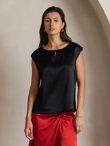 [Black] SilkSilky-UK Cap Sleeve Round Neck Women's T-Shirt 001