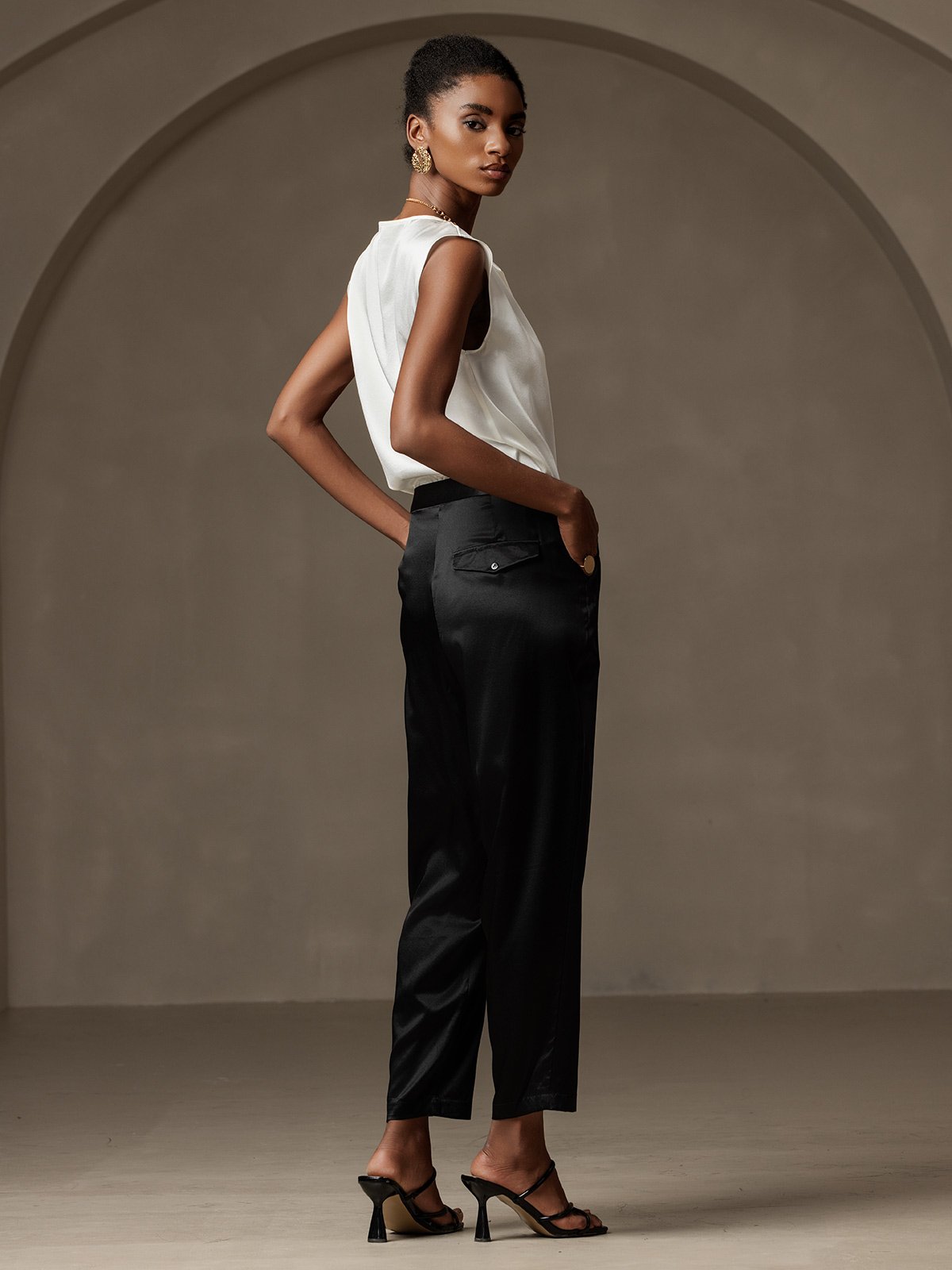 [White] SilkSilky-UK 19Momme Silk Cap Sleeve Cowl Neck Women's T-Shirt 005