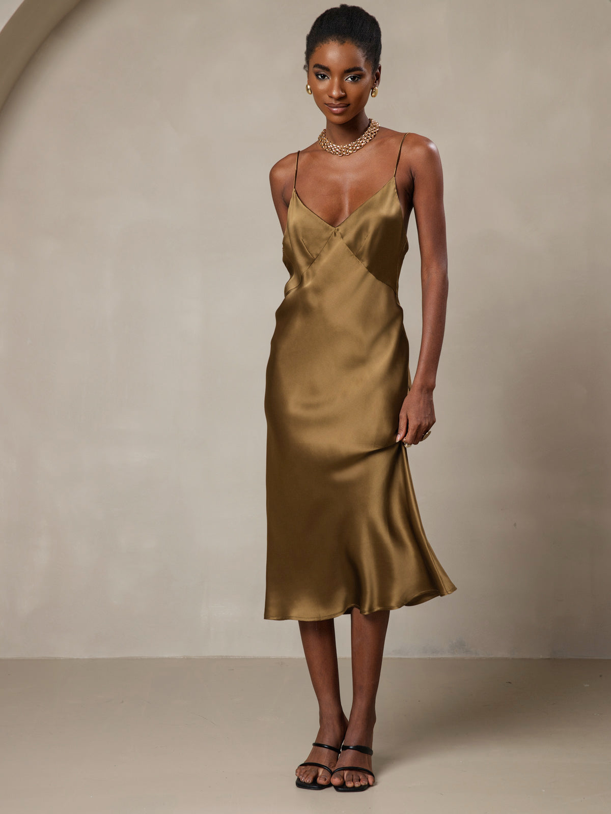 [Brown] SilkSilky-UK 19Momme Pure Silk V Neck Dress 006