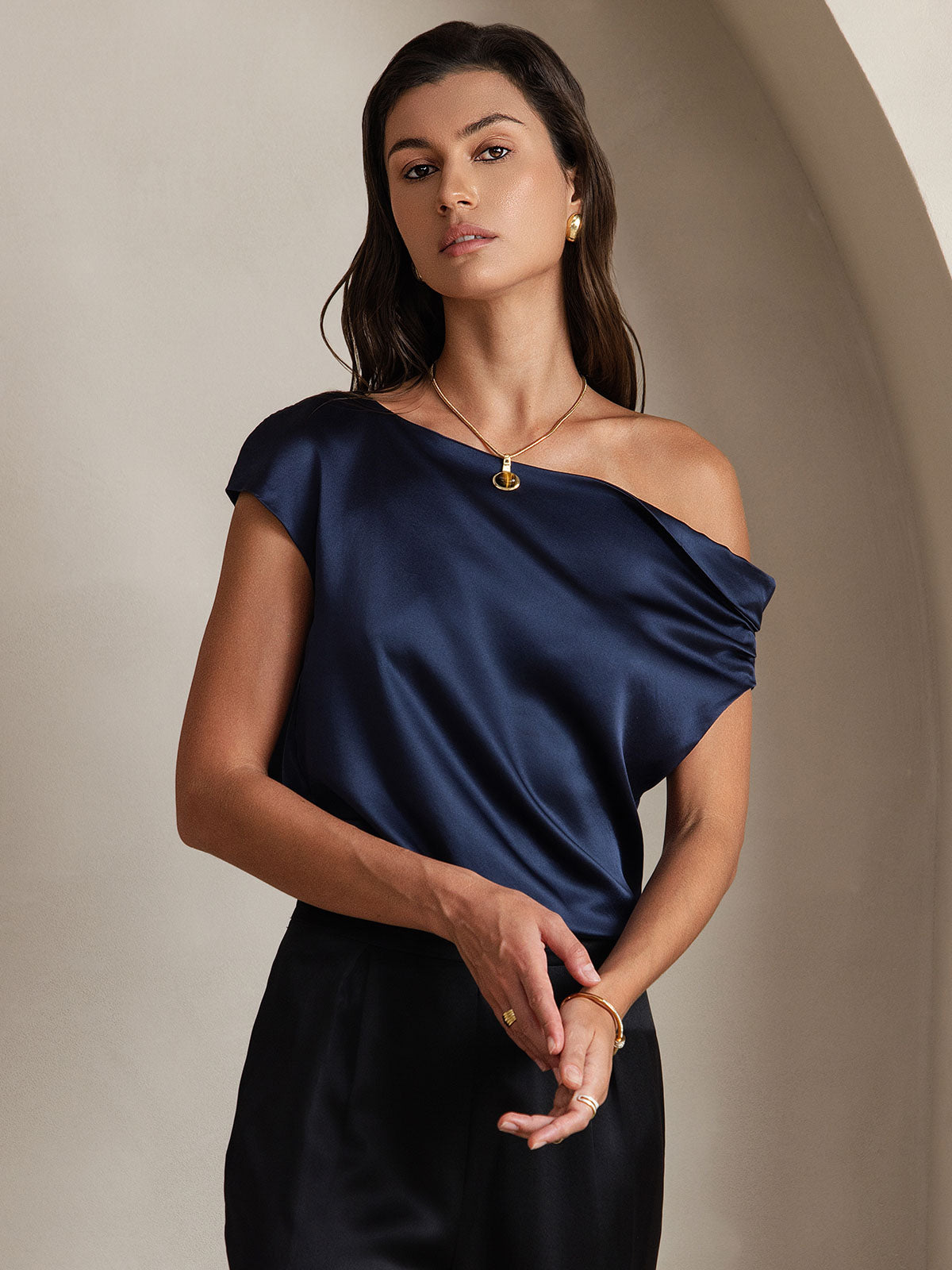 SilkSilky-UK 19Momme Silk Sleeveless One Shoulder Women's T-Shirt DarkBlue 003