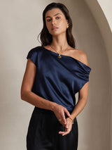 [Dark Blue] SilkSilky-UK 19Momme Sleeveless One Shoulder Women's T-Shirt 003