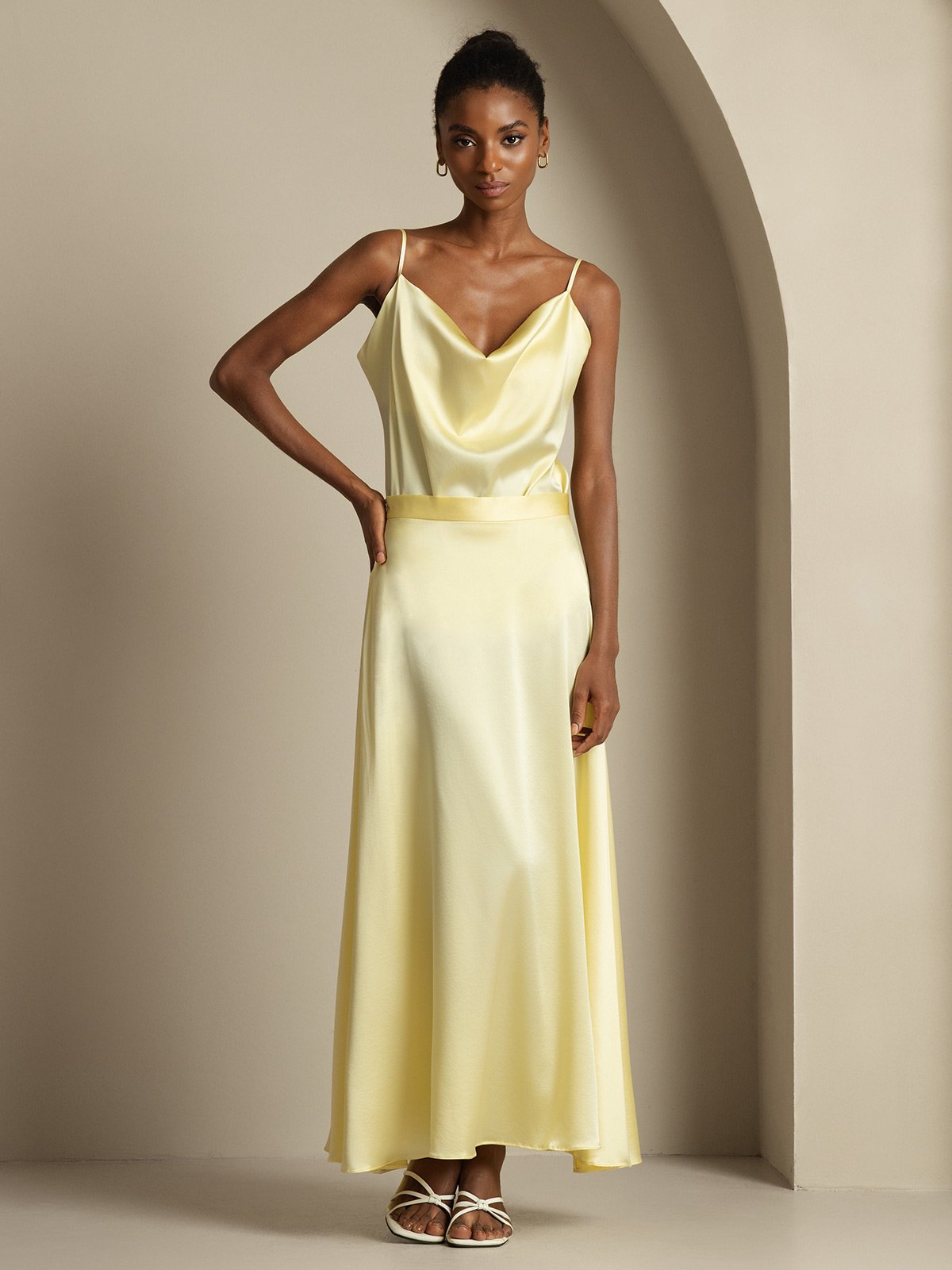 [Light Yellow] SilkSilky-UK 19Momme Silk Knitted Cowl Neck Women''s Outfit Sets 003,