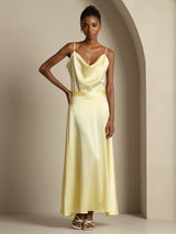[Light Yellow] SilkSilky-UK 19Momme Stretch Silk Charmeuse Spaghetti Strap Cowl Neck Women''s Outfit Sets 003