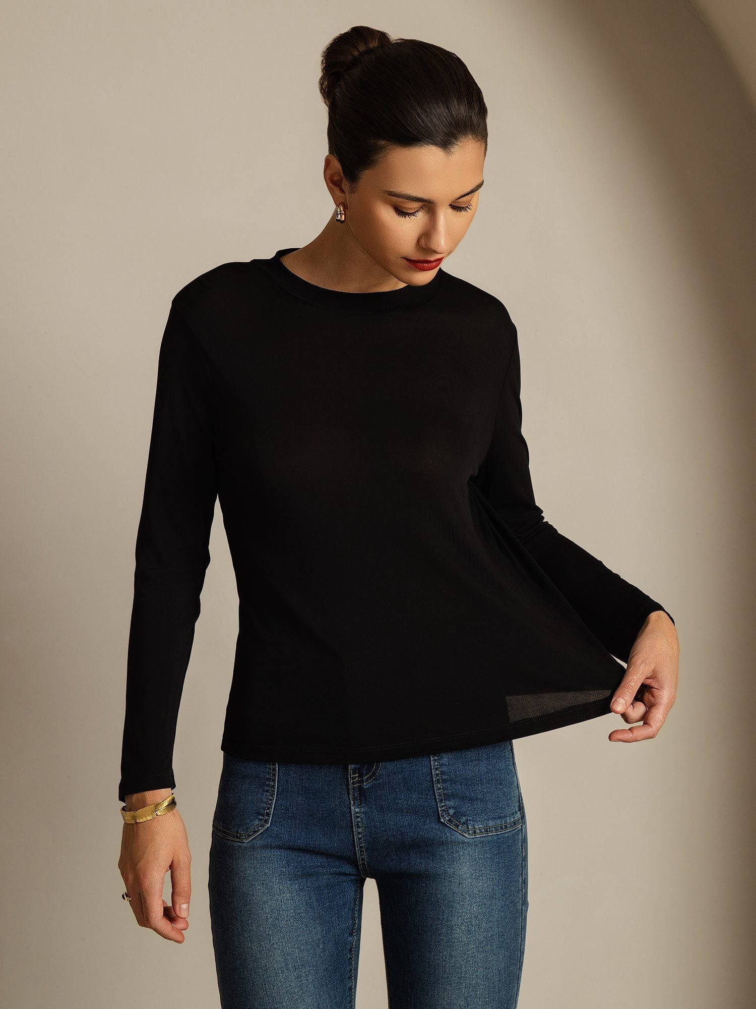 [Black] SilkSilky-UK 100% Silk Jersey Long Sleeve Crew Neck Women's T-Shirt 003