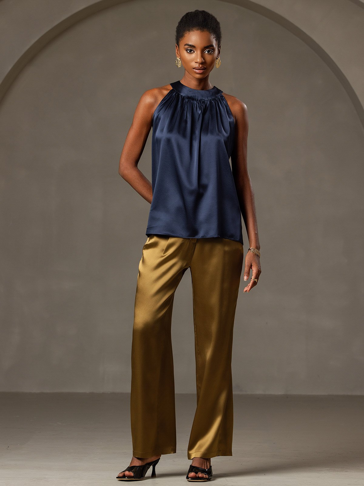 [Dark Blue] SilkSilky-UK 19Momme Silk Sleeveless Halter Neck Women's T-Shirt 005