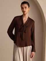 [Bitter Chocolate] SilkSilky-UK Long Sleeve Tie Neck Women's Blouse 003