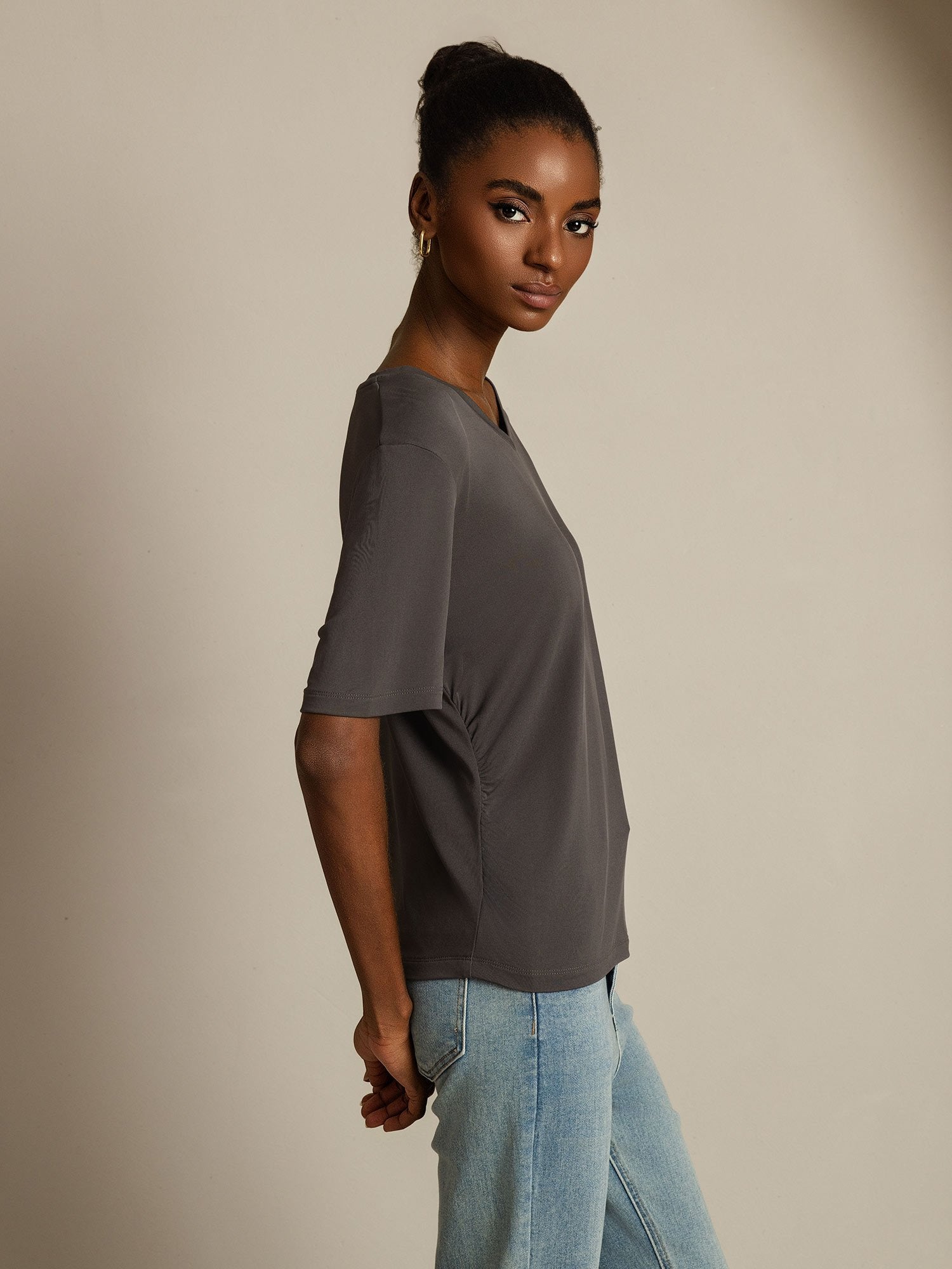 [Gray] SilkSilky-UK Pure Silk V Neck Women's T-Shirt 003