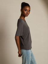 [Gray] SilkSilky-UK 100% High-Twist Silk Jersey Short Sleeve V Neck Women's T-Shirt 003