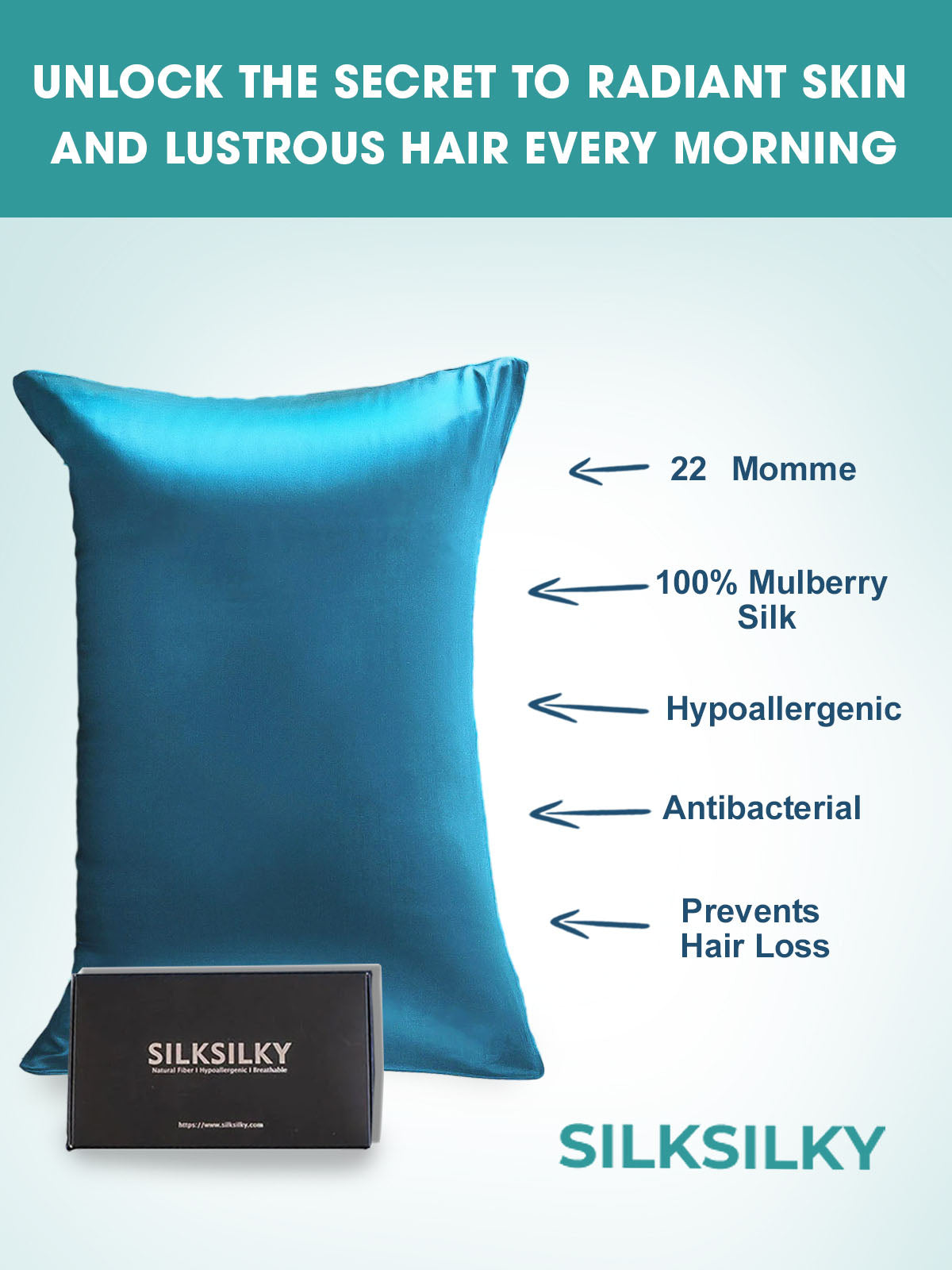 SilkSilky UK 22Momme Pure Silk Pillowcase Teal 002