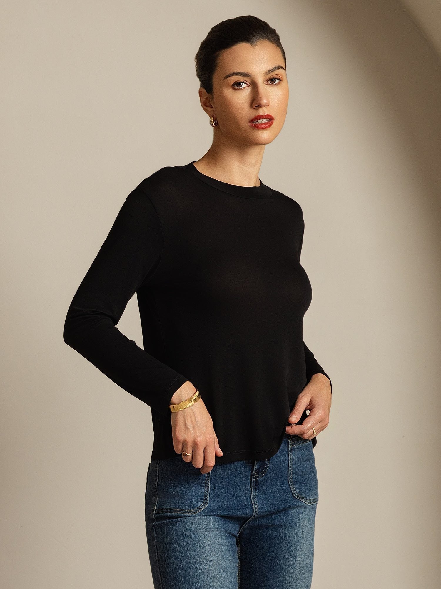 [Black] SilkSilky-UK 100% Silk Jersey Long Sleeve Crew Neck Women's T-Shirt 006