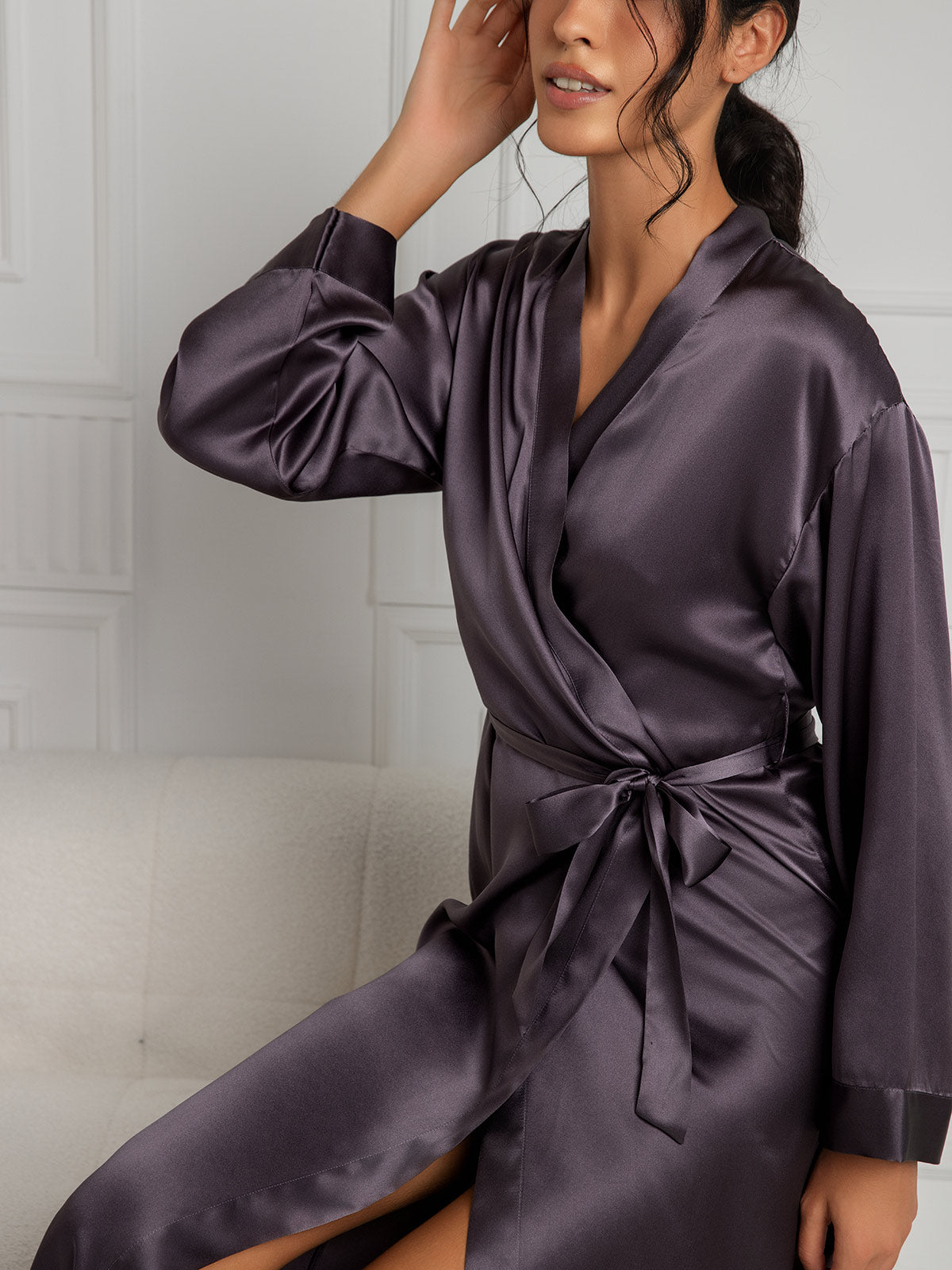 SilkSilky-UK Pure Silk Long Sleeve Womens Robe PurpleGray 007