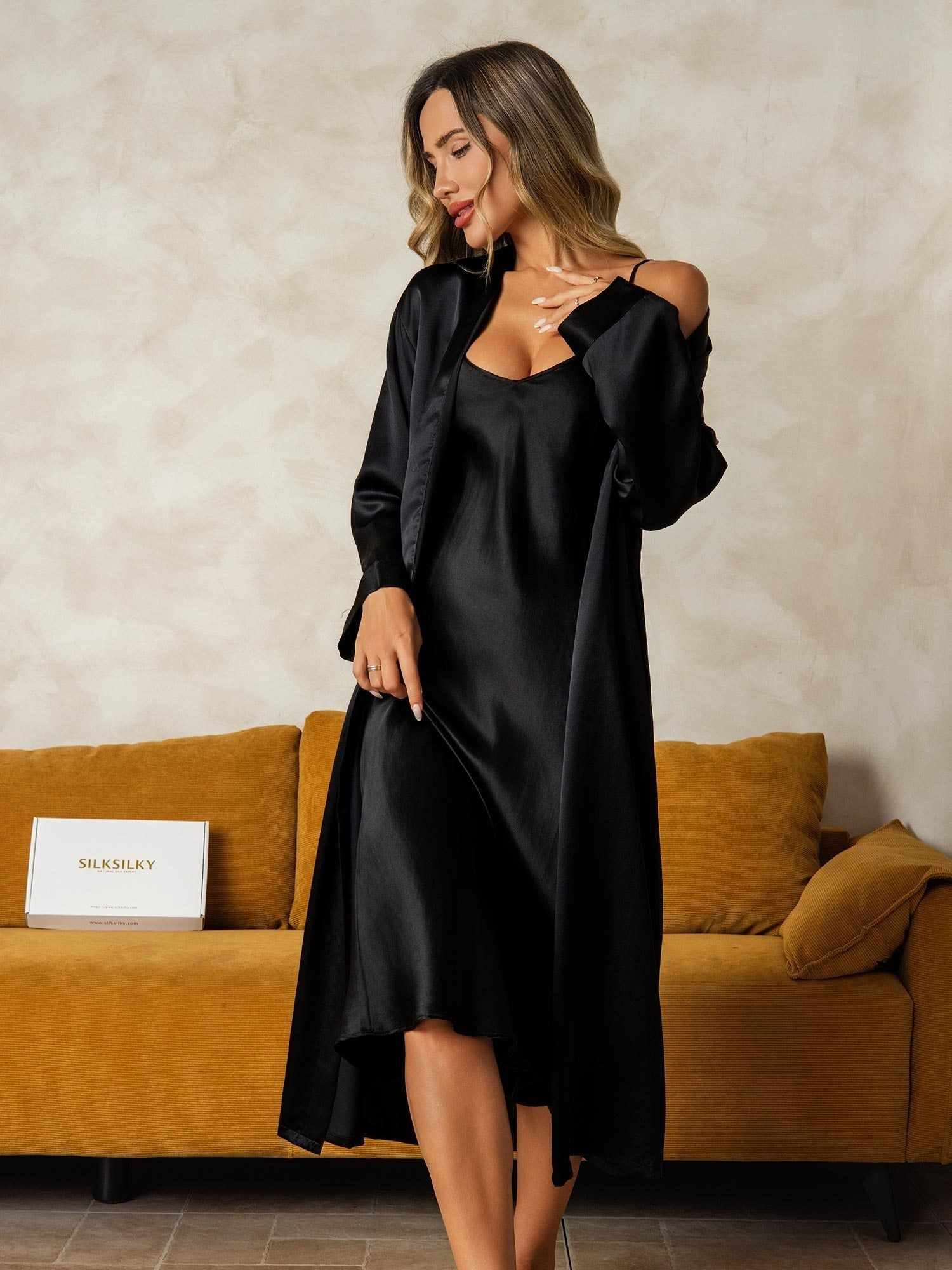 [Black] SilkSilky-UK Long Sleeve V Neck Nightdress&Dressing gowns 003